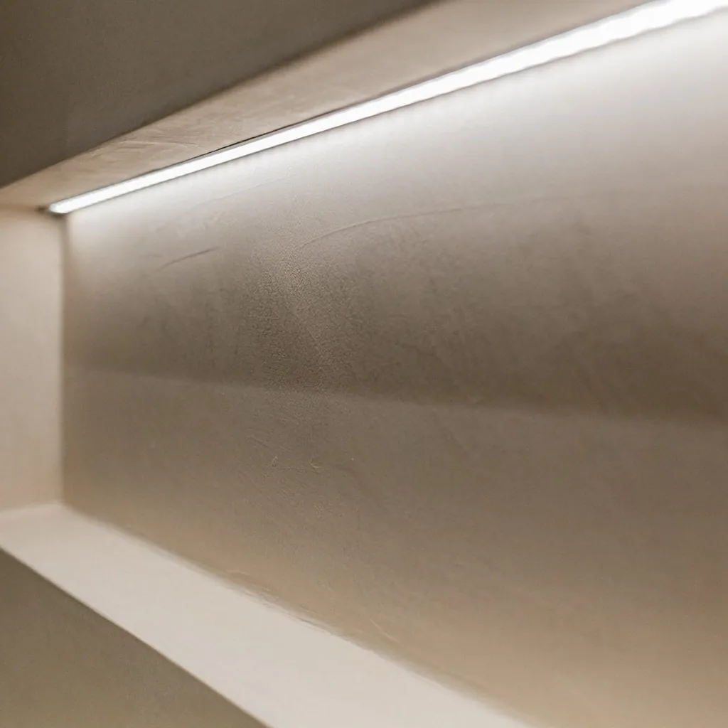 Close view of a lit wall niche showing the soft texture of a microcement finish